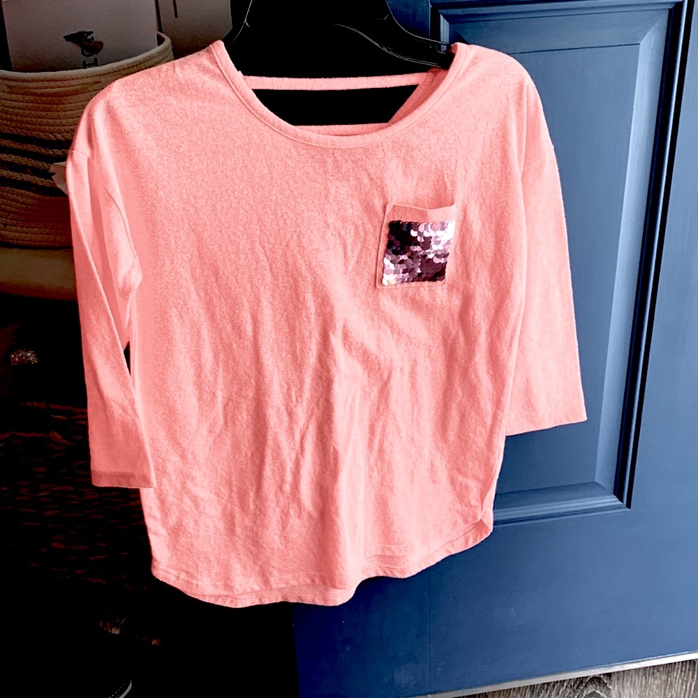 Neon Coral/ Pink Sequins 3/4 Sleeve Shirt - Justice. Size 8/10. NWOT